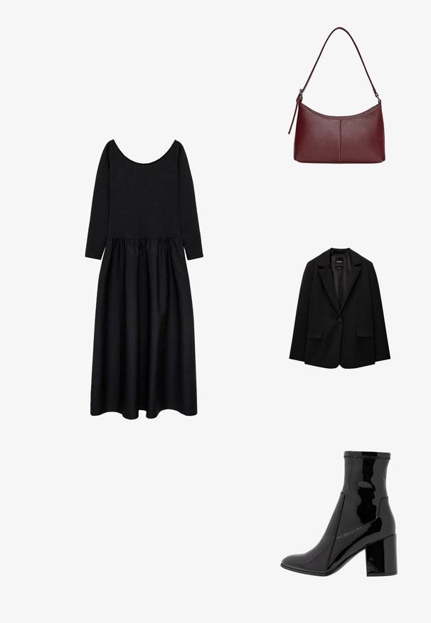 Svart blazer i slätt tyg med enknappsstängning, spetsig krage och två framfickor. Minimalistisk design, skräddarsydd passform.; Svart långärmad klänning med rund halsringning, figurnära överdel och löst, samlat midjeband, tillverkad av mjukt, slätt tyg.; Svart lackankelboot med en slät yta, spetsig tå och en strukturerad blockklack. Har en dragkedjelös design och kontrasterande sömmar.; Vinröd läderhandväska med en böjd form, en enkel axelrem och sömnadsdetaljer i mitten. Slät textur, minimal hårdvara.