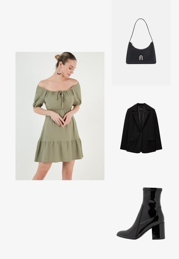 Schwarzer Blazer aus glattem Stoff mit einem Knopfverschluss, abgesetztem Revers und zwei vorderen Taschen. Minimalistisches Design, taillierte Passform.; Schulterfreies, olivgrünes Kleid mit Puffärmel, tailliertem Bund und Rüschensaum. Verfügt über eine Bindeschleife am Ausschnitt und strukturierten Stoff.; Schwarze, lackierte Knöchelstiefel mit glatter Textur, spitzem Zeh und strukturiertem Blockabsatz. Verfügt über ein reißverschlussfreies Design und kontrastierende Nähte.; Schwarze Schultertasche aus glattem Material, mit geschwungener Form, goldenem Reißverschluss und einem goldenen, geprägten Logo-Akzent auf der Vorderseite.
