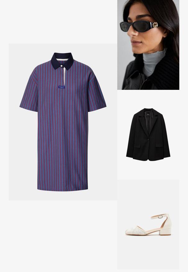 Fekete blézer sima szövetből, egy gombos záródással, bemetszett gallérral és két elülső zsebbel. Minimalista dizájn, testreszabott fazon.; Kék csíkos póló, piros csíkokkal, tengerészkék gallérral és rövid cipzárral, textúrált anyagból készült, logóval ellátott folttal.; Fehér csipkebetétes bokapántos cipő alacsony, vastag sarokkal és hegyes orrú dizájnnal. Simább belső bélés, texturált csipke felsőrész és csat részlet.; Fekete napszemüveg, sima, téglalap alakú kerettel, arany logóval az oldalon. Sötét lencsék és fényes felület jellemzi.