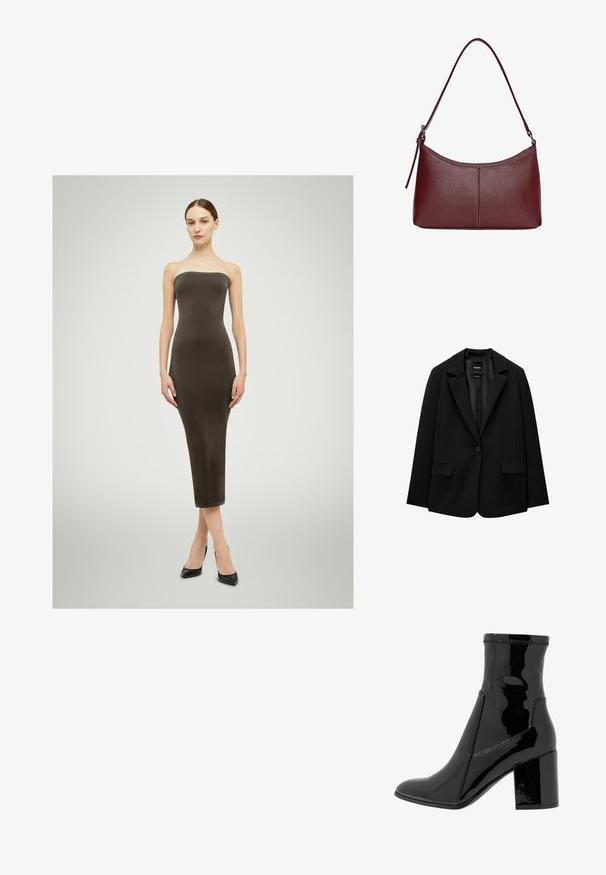 Schwarzer Blazer aus glattem Stoff mit einem Knopfverschluss, abgesetztem Revers und zwei vorderen Taschen. Minimalistisches Design, taillierte Passform.; Ungefügtes, eng anliegendes Kleid in Dunkelbraun, knielang, aus glattem Stoff. Modell mit schwarzen spitzen Absatzschuhen kombiniert, steht mit den Armen an den Seiten.; Schwarze, lackierte Knöchelstiefel mit glatter Textur, spitzem Zeh und strukturiertem Blockabsatz. Verfügt über ein reißverschlussfreies Design und kontrastierende Nähte.; Bordeauxfarbene Ledertasche mit geschwungener Form, einem einzigen Schulterriemen und gesteppten Details in der Mitte. Glatte Textur, minimales Zubehör.