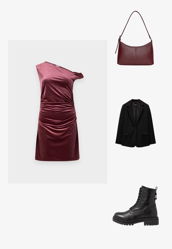 Sacou negru din țesătură fină, cu închidere cu un singur nasture, rever cu colțuri și două buzunare frontale. Design minimalist, croi ajustat.; Rochie asimetrică cu un umăr, din velur burgund profund, cu detalii pliate pe o parte și o siluetă ajustată.; Botină din piele neagră, cu vârful rotund, sistem de închidere cu șireturi în față și talpă din cauciuc texturat. Include un mâner la spate și cusături întărite.; Geantă din piele bordo cu o formă curbată, un singur mânere pentru umăr și detalii cusute în centru. Textură netedă, hardware minim.