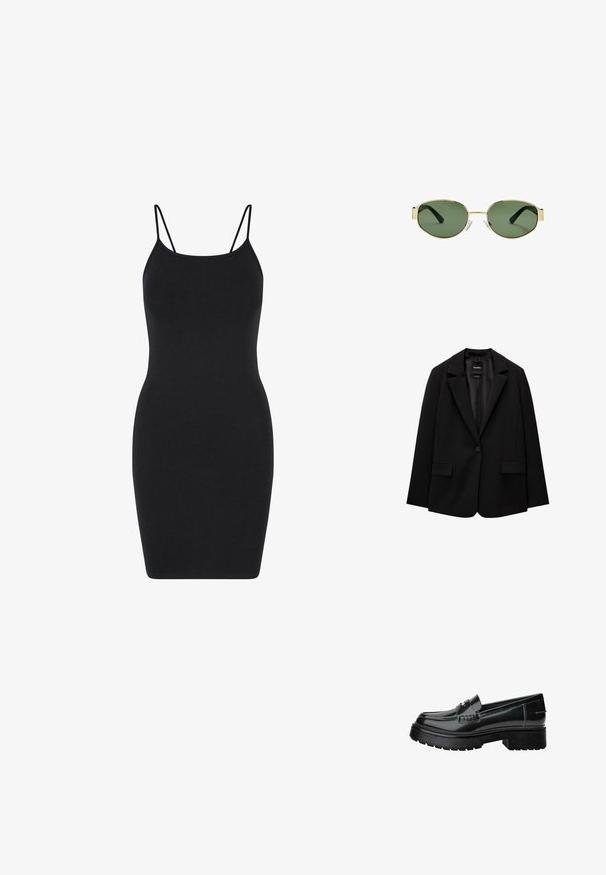 Svart blazer i slätt tyg med enknappsstängning, spetsig krage och två framfickor. Minimalistisk design, skräddarsydd passform.; Svart ärmlös klänning med tunna band, figurnära design, gjord av mjuk tyg, knälång med en enkel, odekorerad stil.; Svarta lackläder loafers med en kraftig sula, som har ett dekorativt rem och subtila sömnadsdetaljer. Gummitextur på yttersulan.; Guldmetallramade solglasögon med gröna tonade linser, oval form, svarta skalmar och klara näsaskar. Rent, minimalistiskt design.
