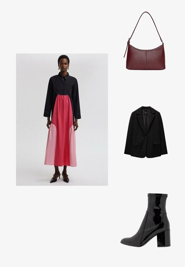 Czarna marynarka wykonana z gładkiego materiału, z pojedynczym zapięciem na guzik, wykrojonymi klapami i dwoma przednimi kieszeniami. Minimalistyczny design, dopasowany krój.; Czarna i różowa długa sukienka z kołnierzykiem, z falbaną w różowym kolorze na talii i tonalnymi przeszyciami.; Czarne lakierowane botki za kostkę o gładkiej fakturze, z ostro zakończonym noskiem i wyraźnym blokowym obcasem. Charakteryzują się brakiem zamka oraz kontrastowym przeszyciem.; Bordowa torebka skórzana o zaokrąglonym kształcie, z jednym paskiem na ramię i przeszyciami w centrum. Gładka faktura, minimalna ilość elementów metalowych.