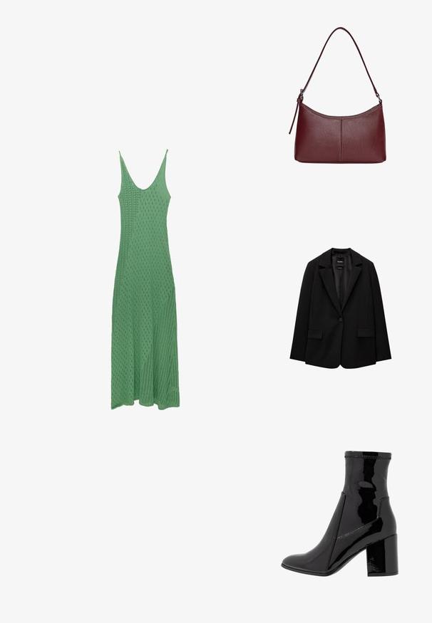 Czarna marynarka wykonana z gładkiego materiału, z pojedynczym zapięciem na guzik, wykrojonymi klapami i dwoma przednimi kieszeniami. Minimalistyczny design, dopasowany krój.; Zielona, dzianinowa sukienka midi z dekoltem w serek, ozdobiona fakturowanym wzorem diamentowym i cienkimi ramiączkami, zwężająca się ku dołowi.; Czarne lakierowane botki za kostkę o gładkiej fakturze, z ostro zakończonym noskiem i wyraźnym blokowym obcasem. Charakteryzują się brakiem zamka oraz kontrastowym przeszyciem.; Bordowa torebka skórzana o zaokrąglonym kształcie, z jednym paskiem na ramię i przeszyciami w centrum. Gładka faktura, minimalna ilość elementów metalowych.