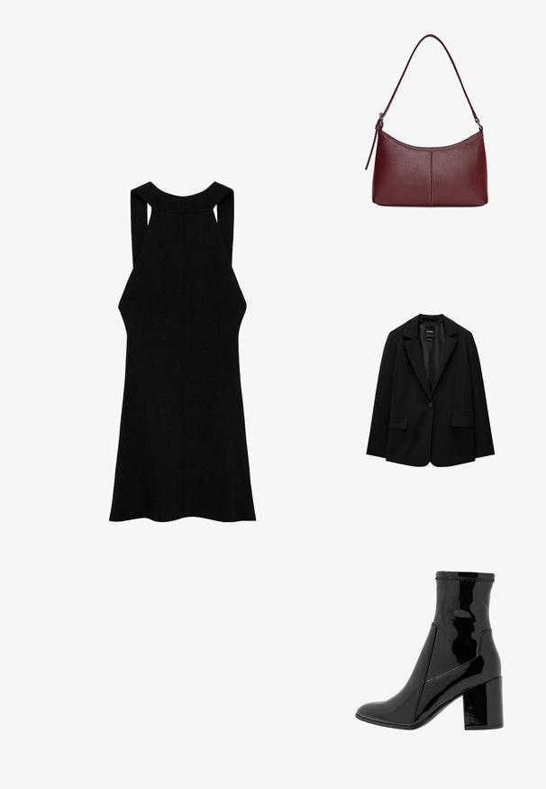 Sacou negru din țesătură fină, cu închidere cu un singur nasture, rever cu colțuri și două buzunare frontale. Design minimalist, croi ajustat.; Rochie neagră fără mâneci, cu guler înalt, textură cu dungi și siluetă ajustată, având bretele late și tiv evazat.; Botine negre din patent, cu o textură netedă, vârf ascuțit și un toc bloc structurat. Prezintă un design fără fermoar și cusături contrastante.; Geantă din piele bordo cu o formă curbată, un singur mânere pentru umăr și detalii cusute în centru. Textură netedă, hardware minim.
