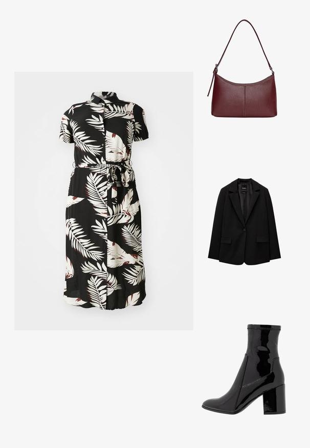 Fekete blézer sima szövetből, egy gombos záródással, bemetszett gallérral és két elülső zsebbel. Minimalista dizájn, testreszabott fazon.; Fekete gombos ruha, fehér és bordó trópusi levélmintával, rövid ujjú, derékon megkötő övvel és lágy, folyó szabással.; Fekete lakk bokacsizma sima felülettel, hegyes orral és struktúrált tömbsarkal. Cipzár nélküli kialakítással és kontrasztos varrással rendelkezik.; Bordó bőr kézitáska ívelt formával, egyetlen vállpánttal és varrott díszítéssel a középen. Simás textúra, minimális fémalkatrészek.