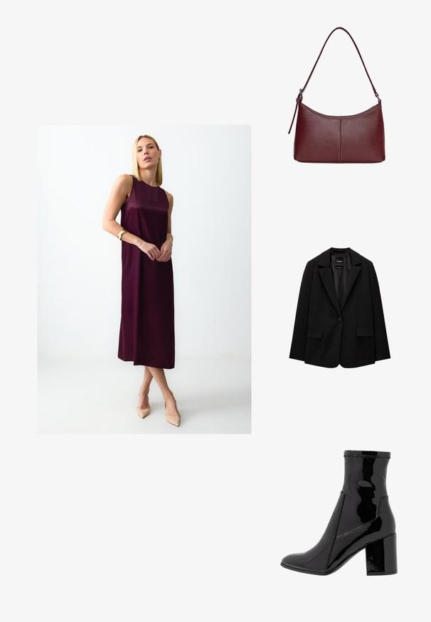 Czarna marynarka wykonana z gładkiego materiału, z pojedynczym zapięciem na guzik, wykrojonymi klapami i dwoma przednimi kieszeniami. Minimalistyczny design, dopasowany krój.; Bordowa sukienka bez rękawów o prostym kroju, wykonana z gładkiej tkaniny, z długością do kolan i minimalistycznym wzornictwem.; Czarne lakierowane botki za kostkę o gładkiej fakturze, z ostro zakończonym noskiem i wyraźnym blokowym obcasem. Charakteryzują się brakiem zamka oraz kontrastowym przeszyciem.; Bordowa torebka skórzana o zaokrąglonym kształcie, z jednym paskiem na ramię i przeszyciami w centrum. Gładka faktura, minimalna ilość elementów metalowych.