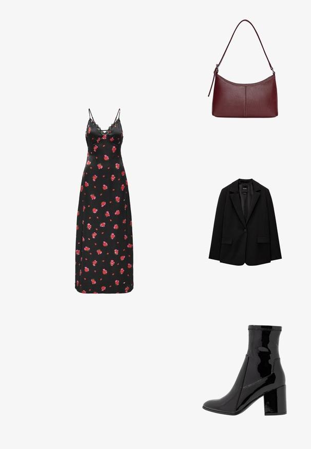 Zwarte blazer van gladde stof met een enkele knoopsluiting, notch-lapels en twee voorzakken. Minimalistisch ontwerp, getailleerde pasvorm.; Zwarte maxi-jurk met bloemenprint, afgewerkt met dunne spaghettibandjes en kantdetails. Bevat verspreide rode en roze bloempatronen op een gladde stof.; Zwarte patenten enkellaarsjes met een gladde textuur, een spitse neus en een gestructureerde blokhak. Heeft een ritsvrije ontwerping en contrasterende stiksels.; Bordeaux lederen handtas met een gebogen vorm, een enkele schouderriem en gestikte details in het midden. Glad textuur, minimale hardware.