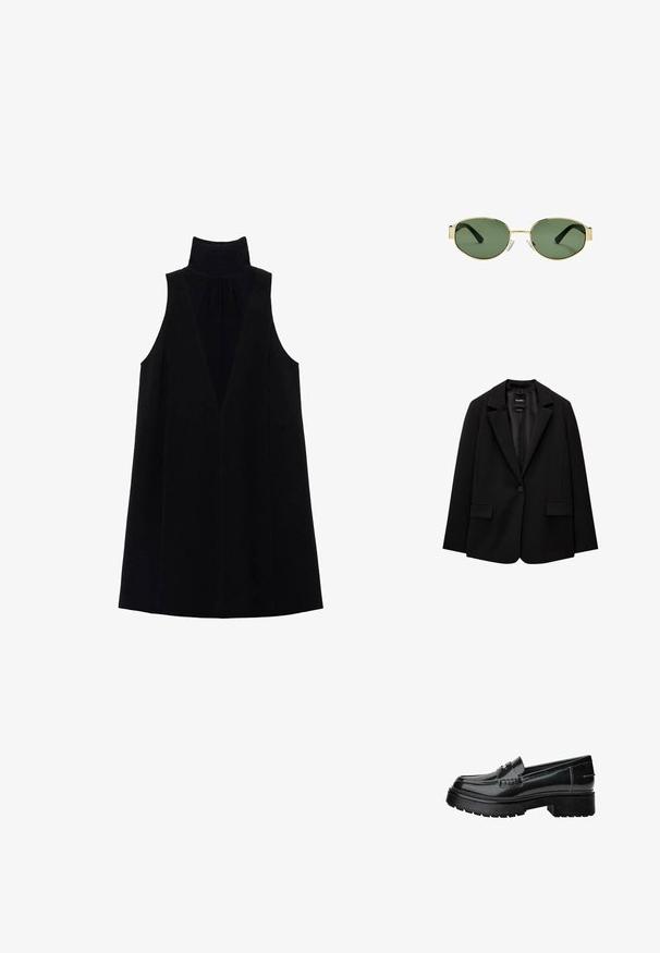 Musta bleiseri, joka on valmistettu sileästä kankaasta, yksittäisellä nappikiinnityksellä, viistetyt kaulukset ja kaksi etutaskua. Minimalistinen muotoilu, istuva leikkaus.; Mustapuku ilman hihoja, jossa on korkea kaulus, syvä V-pääntie ja sileä rakenne. Minimalistinen muotoilu ja avara siluetti.; Musta patenttinaahka loaferit paksulla pohjalla, joissa on koristeellinen hihna ja hienovarainen ompelutaito. Kuminen pinta pohjassa.; Kultaiset metallikehyksiset aurinkolasit, joissa on vihreät sävytetyt linssit, soikea muoto, mustat sankaluvat ja kirkkaat nenätyynyt. Siisti, minimalistinen muotoilu.