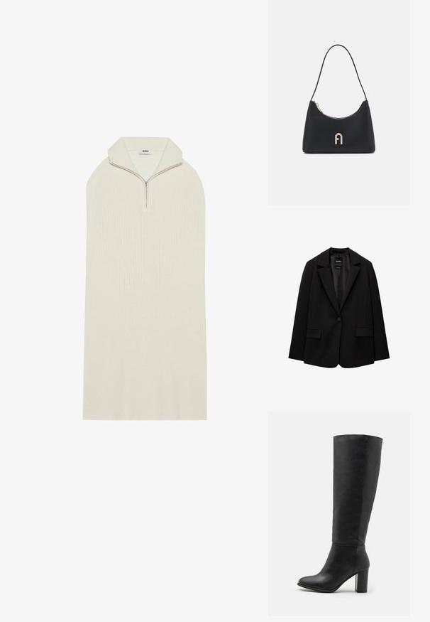 Sacou negru din țesătură fină, cu închidere cu un singur nasture, rever cu colțuri și două buzunare frontale. Design minimalist, croi ajustat.; Rochie tricotată de culoare crem, cu guler înalt și închidere cu fermoar. Prezintă o formă liberă, prelungită, cu textură cu nervuri. Fără modele sau accente vizibile.; Cizme negre până la genunchi, realizate din piele netedă, având un toc masiv și vârful rotunjit. Design minimalist, fără hardware sau decorațiuni vizibile.; Geantă de umăr neagră, realizată dintr-un material neted, cu o formă curbată, fermoar auriu și un accent cu logo embosat auriu în partea din față.
