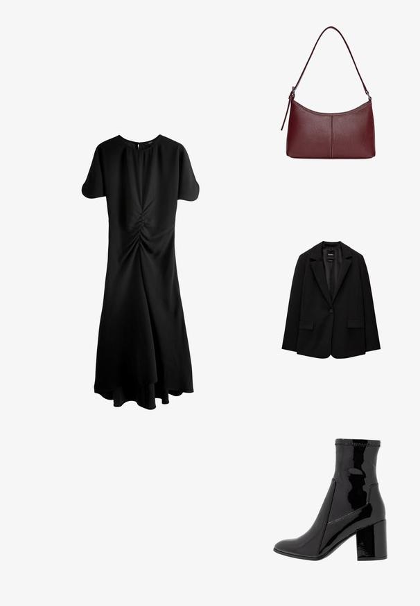 Fekete blézer sima szövetből, egy gombos záródással, bemetszett gallérral és két elülső zsebbel. Minimalista dizájn, testreszabott fazon.; Fekete ruha rövid ujjakkal, kerek nyakkivágással és hátul kulcslyuk zárással. A deréknál ráncolt részletekkel és bővülő hem véggel rendelkezik.; Fekete lakk bokacsizma sima felülettel, hegyes orral és struktúrált tömbsarkal. Cipzár nélküli kialakítással és kontrasztos varrással rendelkezik.; Bordó bőr kézitáska ívelt formával, egyetlen vállpánttal és varrott díszítéssel a középen. Simás textúra, minimális fémalkatrészek.