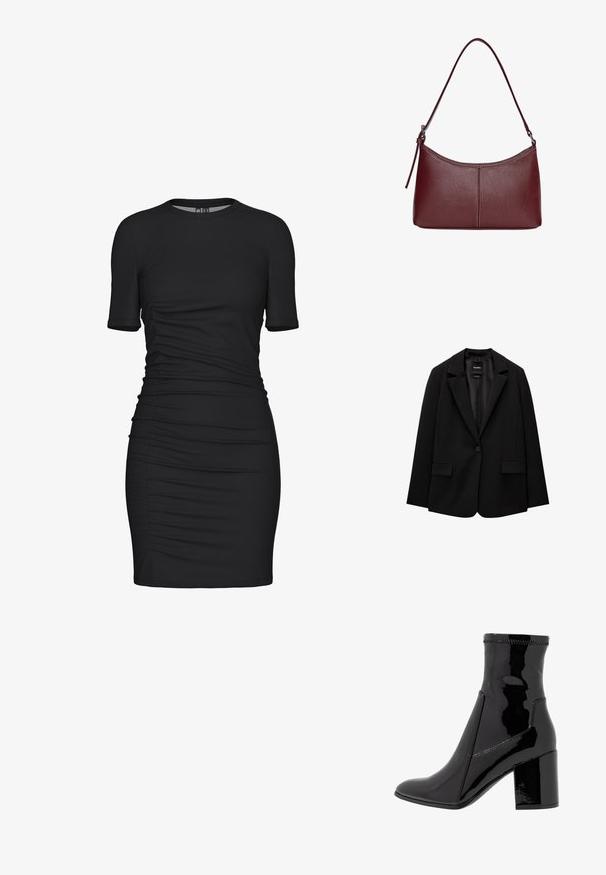 Fekete blézer sima szövetből, egy gombos záródással, bemetszett gallérral és két elülső zsebbel. Minimalista dizájn, testreszabott fazon.; Fekete testhezálló ruha rugalmas anyagból, rövid ujjal, kerek nyakkivágással és redőzött oldali részletekkel a textúra érdekében.; Fekete lakk bokacsizma sima felülettel, hegyes orral és struktúrált tömbsarkal. Cipzár nélküli kialakítással és kontrasztos varrással rendelkezik.; Bordó bőr kézitáska ívelt formával, egyetlen vállpánttal és varrott díszítéssel a középen. Simás textúra, minimális fémalkatrészek.