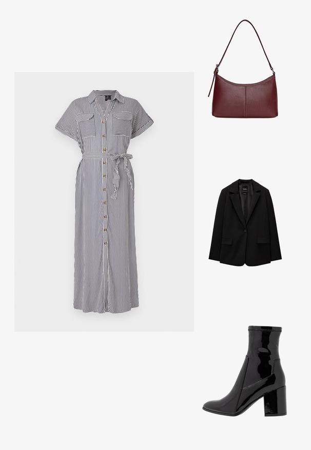 Černý blazer vyrobený z hladké tkaniny s jednotlivým knoflíkovým zapínáním, klopovými límci a dvěma předními kapsami. Minimalistický design, perfektní střih.; Pruhované košilové šaty v námořnické a bílé barvě, s krátkými rukávy, páskem v oblasti pasu a dvěma náprsními kapsami. Vzorovaná tkanina s jemnou strukturou.; Černé lakované kotníkové boty s hladkým povrchem, špičatou špičkou a strukturovaným blokovým podpatkem. Obsahují design bez zipu a kontrastní švy.; Vínová kožená kabelka s zakřiveným tvarem, jediným ramenním popruhem a prošíváním ve středu. Hladký povrch, minimální kovové prvky.