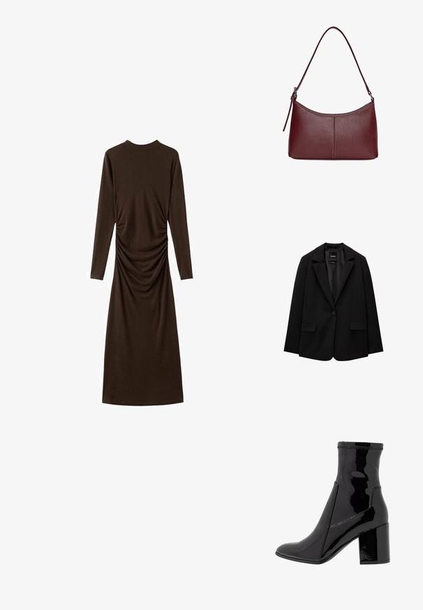 Blazer nero realizzato in tessuto morbido con chiusura a un bottone, revers a punta e due tasche frontali. Design minimalista, vestibilità sartoriale.; Abito marrone a maniche lunghe realizzato in tessuto morbido, con un design arricciato sul lato. L'abito presenta un collo alto e una silhouette aderente.; Stivale alla caviglia in patent nero con una texture liscia, punta appuntita e tacco a blocco strutturato. Presenta un design senza zip e cuciture a contrasto.; Borsa a tracolla in pelle bordeaux con forma curvata, una sola tracolla e dettagli cuciti al centro. Texture liscia, hardware minimale.