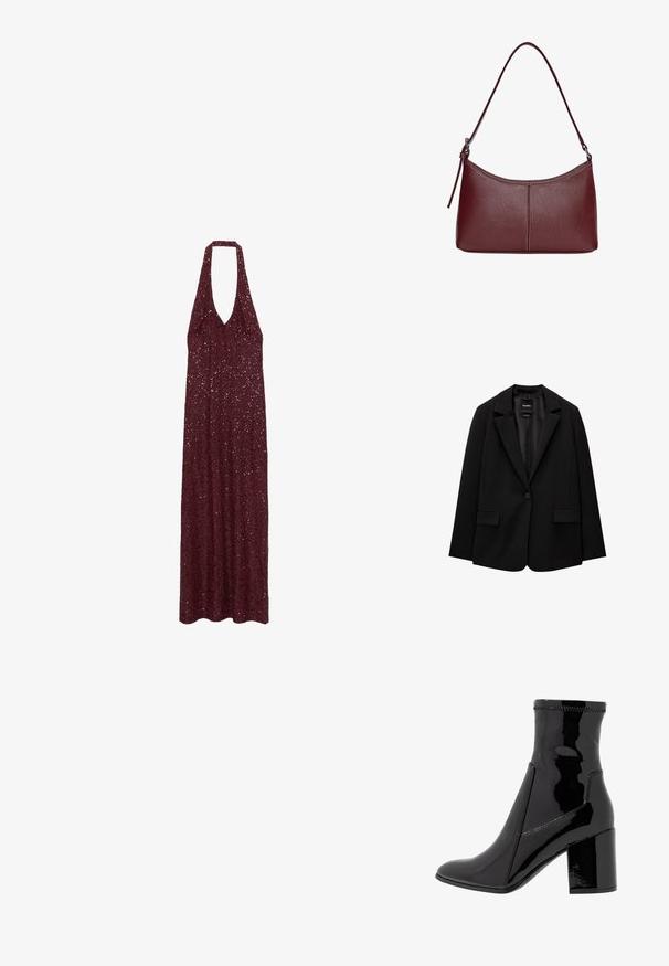 Crna jakna od glatkog materijala s jednom dugmadi, s urezanim reverima i dva prednja džepa. Minimalistički dizajn, kroj prilagođen figuri.; Bordo halterneck haljina izrađena od tkanine sa šljokicama, dužine do poda, labavog kroja, s V-izrezom. Glatka tekstura s sjajnim detaljima.; Crne lakirane gležnjače sa glatkom teksturom, šiljastim prstom i strukturiranim blok potpeticama. Posjeduje dizajn bez zatvarača i kontrastno šivenje.; Bordo kožna torba s zakrivljenim oblikom, jednim remenom za rame i šivenim detaljima na sredini. Glatka tekstura, minimalni dodaci.