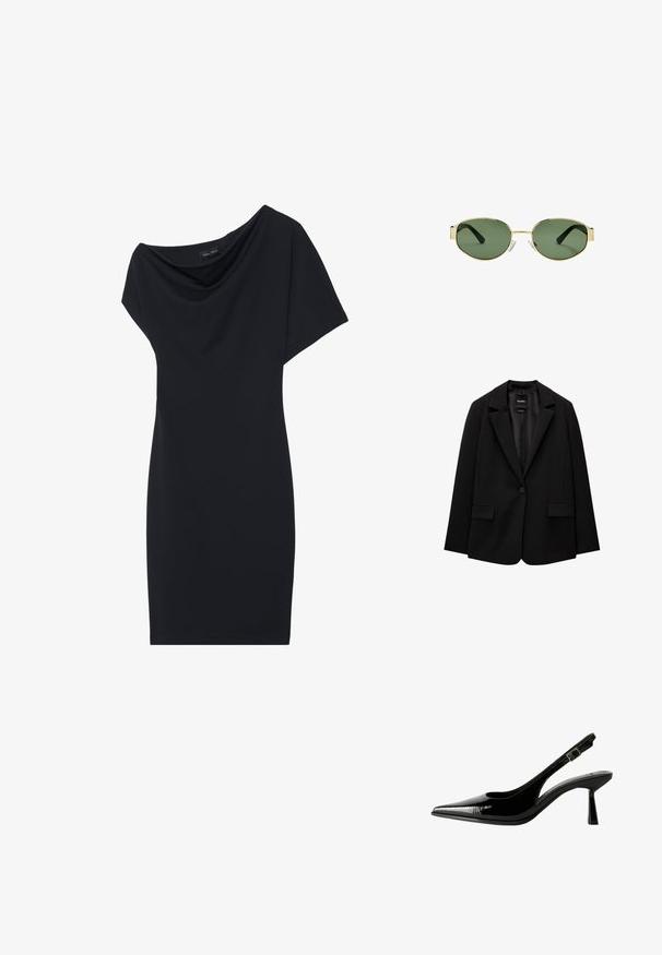 Schwarzer Blazer aus glattem Stoff mit einem Knopfverschluss, abgesetztem Revers und zwei vorderen Taschen. Minimalistisches Design, taillierte Passform.; Schwarzes Kleid mit drapiertem Schalkragen, kurzen Ärmeln und taillierter Silhouette. Hergestellt aus glattem Stoff, mit minimalistischem Design.; Schwarze Lackleder Slingback-Pumps mit spitzem Zeh, ausgeschnittenen Seiten, verstellbarem Knöchelriemen und einem dünnen, eleganten Absatz.; Sonnenbrille mit goldfarbenem Metallrahmen, grünen getönten Gläsern, ovaler Form, schwarzen Bügeln und klaren Nasenpads. Sauberes, minimalistisches Design.; Bordeauxfarbene Ledertasche mit geschwungener Form, einem einzigen Schulterriemen und gesteppten Details in der Mitte. Glatte Textur, minimales Zubehör.