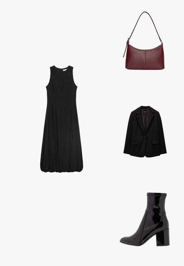 Crna jakna od glatkog materijala s jednom dugmadi, s urezanim reverima i dva prednja džepa. Minimalistički dizajn, kroj prilagođen figuri.; Crna haljina bez rukava s uskim korzetom i raširenom, nabranom suknjom. Tkanina se čini glatkom s suptilnom teksturom; zatvaranje na patentni zatvarač straga.; Crne lakirane gležnjače sa glatkom teksturom, šiljastim prstom i strukturiranim blok potpeticama. Posjeduje dizajn bez zatvarača i kontrastno šivenje.; Bordo kožna torba s zakrivljenim oblikom, jednim remenom za rame i šivenim detaljima na sredini. Glatka tekstura, minimalni dodaci.