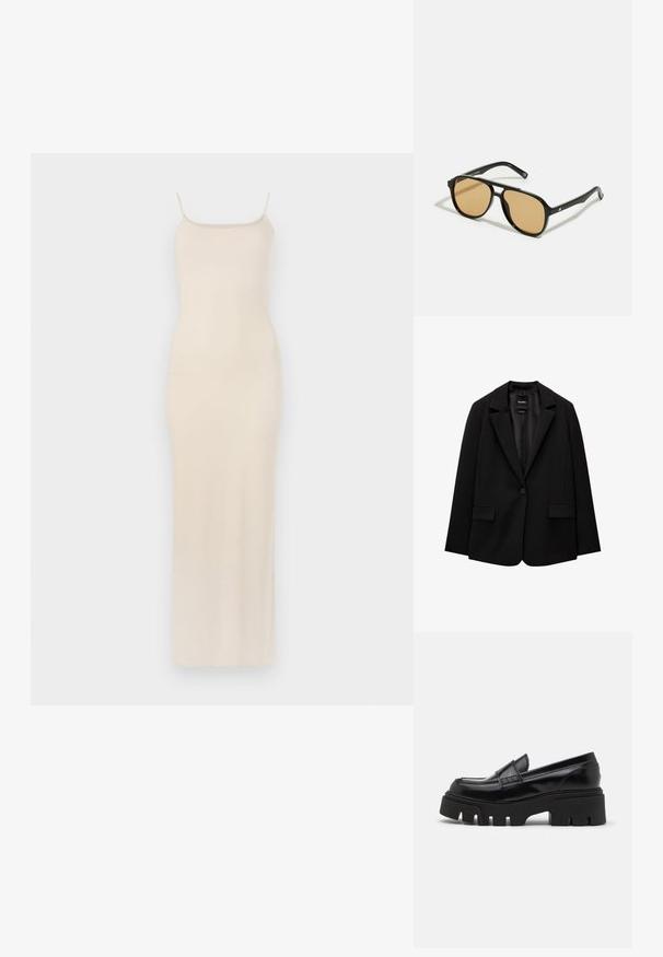 Fekete blézer sima szövetből, egy gombos záródással, bemetszett gallérral és két elülső zsebbel. Minimalista dizájn, testreszabott fazon.; Beige selyem maxi ruha vékony spagetti pántokkal, testre simuló felső résszel és egyenes szsilhuettel, amely a boka fölé ér. Simára csiszolt textúra, minimális dizájn.; Fekete bőr loaferek tömör, texturált platform talppal és díszítő pánttal a felsőrészen. Simább, fényes felület.; Fekete napszemüveg barna árnyalatú lencsékkel; téglalap alakú, vastag kerettel, a szárakon diszkrét fém részletekkel.; Fekete szőtt bőr kézitáska lekerekített formával, tetején fogantyúval és levehető pánttal. Simaság jellemzi, finom varrási részletekkel.