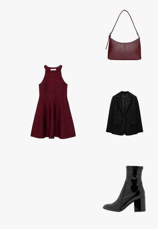 Czarna marynarka wykonana z gładkiego materiału, z pojedynczym zapięciem na guzik, wykrojonymi klapami i dwoma przednimi kieszeniami. Minimalistyczny design, dopasowany krój.; Bordowa sukienka bez rękawów z dopasowanym gorsetem, rozkloszowanym dołem i wysokim dekoltem, wykonana z miękkiego materiału dresowego. Brak widocznych wzorów lub akcentów.; Czarne lakierowane botki za kostkę o gładkiej fakturze, z ostro zakończonym noskiem i wyraźnym blokowym obcasem. Charakteryzują się brakiem zamka oraz kontrastowym przeszyciem.; Bordowa torebka skórzana o zaokrąglonym kształcie, z jednym paskiem na ramię i przeszyciami w centrum. Gładka faktura, minimalna ilość elementów metalowych.
