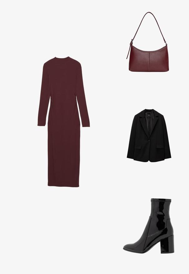 Sacou negru din țesătură fină, cu închidere cu un singur nasture, rever cu colțuri și două buzunare frontale. Design minimalist, croi ajustat.; Rochie lungă roz pal cu mâneci lungi, cu o formă ajustată și detalii pliate pe lateral. Fabricată dintr-un material elastic, atingând lungimea până la jumătatea gambei.; Botine negre din patent, cu o textură netedă, vârf ascuțit și un toc bloc structurat. Prezintă un design fără fermoar și cusături contrastante.; Geantă din piele bordo cu o formă curbată, un singur mânere pentru umăr și detalii cusute în centru. Textură netedă, hardware minim.