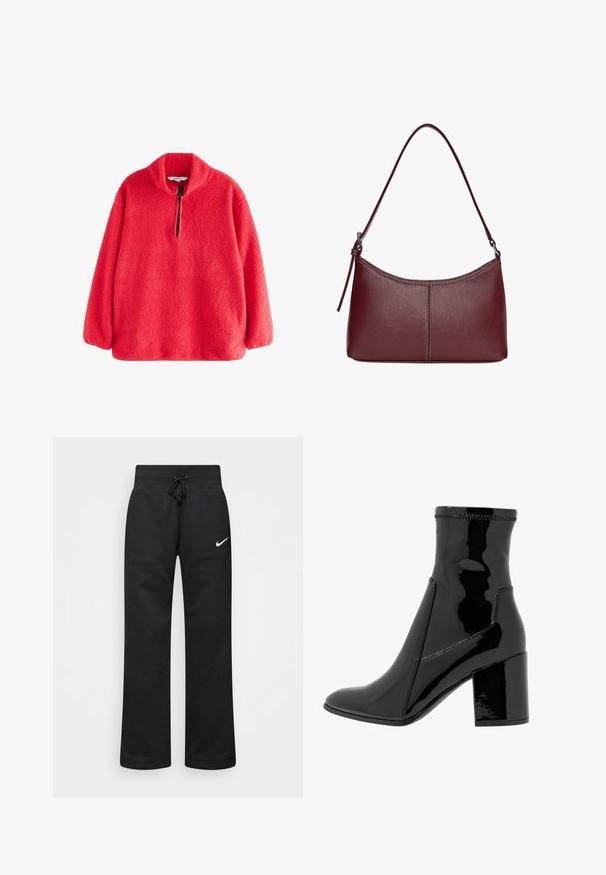 Schwarzer Blazer aus glattem Stoff mit einem Knopfverschluss, abgesetztem Revers und zwei vorderen Taschen. Minimalistisches Design, taillierte Passform.; Roter Fleece-Pullover mit hohem Kragen und halbem Reißverschluss, der eine weiche, strukturierte Oberfläche aufweist. Lange Ärmel mit lässiger Passform.; Schwarze Sweatpants aus einem Baumwollmix, mit einem Kordelzugbund, geraden Beinen und einem weißen Nike-Logo auf der linken Seite.; Schwarze, lackierte Knöchelstiefel mit glatter Textur, spitzem Zeh und strukturiertem Blockabsatz. Verfügt über ein reißverschlussfreies Design und kontrastierende Nähte.; Bordeauxfarbene Ledertasche mit geschwungener Form, einem einzigen Schulterriemen und gesteppten Details in der Mitte. Glatte Textur, minimales Zubehör.