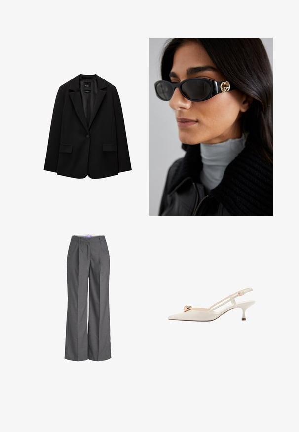 Crna jakna od glatkog materijala s jednom dugmadi, s urezanim reverima i dva prednja džepa. Minimalistički dizajn, kroj prilagođen figuri.; Bijela košulja s dugim rukavima, uskim ovratnikom i malim plavim logom na lijevoj strani prsnog dijela. Izrađena od pamučne tkanine.; Sive široke hlače izrađene od teksturiranog materijala, s ravnim prednjim dijelom i detaljima plisea te standardnim pojasom, idealne za formalno odijevanje.; Cipele slingback boje kreme s šiljastim vrhom, tankim trakama i zlatnim detaljem na prednjem dijelu. Imaju nisku, usku petu.; Crne sunčane naočale sa elegantnim pravokutnim okvirom i zlatnim logotipom na strani. Tamna stakla i sjajni finiš su istaknuti.; Siva teksturirana torba s naglaskom na podstavljenom ručku, mrežastim detaljima, podesivim remenom i prednjim kopčanjem. Kompaktni dizajn s zaobljenim oblikom.