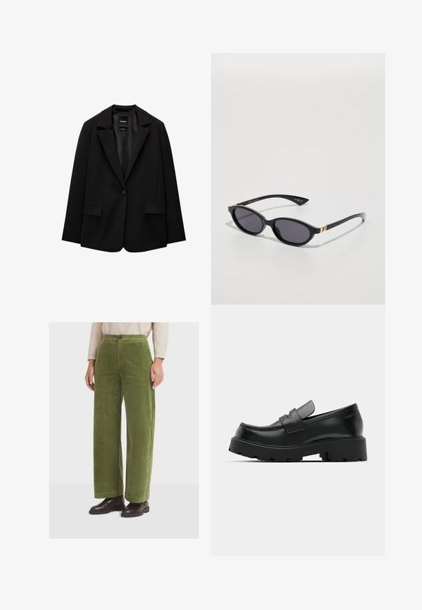 Sort blazer lavet af glat stof med enkelt knaplukning, klaplapper og to frontlommer. Minimalistisk design, skræddersyet pasform.; Hvid skjorte med knaplukning, lange ærmer, struktureret krave og rundet kant. Fremstillet af et glat, ensfarvet stof uden synlige mønstre eller detaljer.; Grønne fløjlsbukser med vidde ben, høj talje og forlommer. Bukserne har en enkelt knaplukning og en struktureret, ribbet overflade.; Sorte læder loafers med en chunky tekstureret sål, der har en rem over vamps og en glat, poleret finish.; Sorte solbriller med ovale linser, mørk gradienttint og slanke arme med diskrete guldkant. Glat plastikfinish.; Tommy Hilfiger LIBRE FLAP CROSSOVER - Skuldertasker - deep rouge; Bordeaux læderpung med fold-over design, guld logo accent og glat overflade. Kompakt og rektangulær i formen.