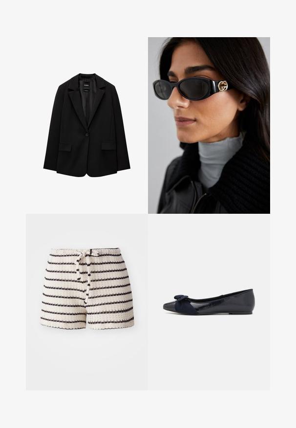 Čierny blejzer vyrobený z hladkej tkaniny s jedným gombíkom, klapkovými nohavicami a dvomi prednými vreckami. Minimalistický dizajn, strih na mieru.; Denimová košeľa, tmavomodrej farby, klasický golier, dlhé rukávy, zapínanie na gombíky, zvýraznená hnedým koženým opaskom v oblasti pása.; Pletené šortky v krémovej farbe s čiernymi pruhmi. Obsahujú elastický pás so šnúrkou a textúrovanú látku. Krátka dĺžka, ležérny dizajn.; Námorné baletky s lesklým lakovaným povrchom a textúrovanou semišovou mašľou na špičke, s okrúhlou špičkou a plochou podrážkou.; Čierne slnečné okuliare s elegantným obdĺžnikovým rámom a zlatým logom na boku. Tmavé šošovky a lesklý povrch sú výrazné.; Čierna ramenná taška vyrobená z hladkého materiálu, s zakriveným tvarom, zlatým zipsom a zlatým embosovaným logom na prednej strane.