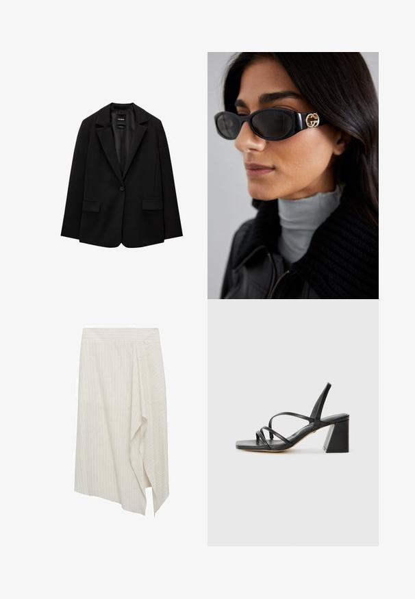 Blazer noir en tissu lisse avec une fermeture à bouton unique, des revers crantés et deux poches avant. Design minimaliste, coupe ajustée.; Camisole noir présentant une délicate garniture en dentelle sur les bords, un design asymétrique, des bretelles réglables et un tissu lisse semblable à de la satin.; Jupe blanche asymétrique avec de légères rayures verticales, présentant un design drapé et une texture de tissu lisse. Taille simple, sans ornement.; Sandales noires à talons avec un bout carré, présentant plusieurs fines bretelles et un talon bloc géométrique. Texture en cuir lisse et design minimaliste.; Lunettes de soleil noires avec une monture rectangulaire élégante et un accent logo doré sur le côté. Les verres sombres et la finition brillante sont proéminents.; Sac à main en cuir blanc avec ferrures dorées, doté d'un rabat et d'une bandoulière amovible et réglable. Ornement métallique rond au centre.