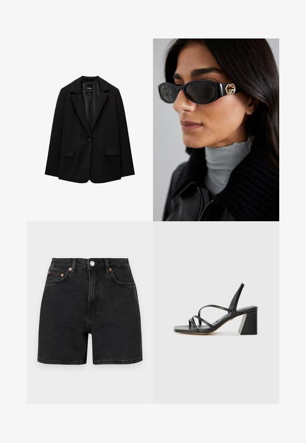 Schwarzer Blazer aus glattem Stoff mit einem Knopfverschluss, abgesetztem Revers und zwei vorderen Taschen. Minimalistisches Design, taillierte Passform.; Schwarzes Camisole mit zartem Spitzenbesatz entlang der Kanten, asymmetrischem Design, verstellbaren Trägern und glattem satinähnlichem Stoff.; Schwarze Denim-Shorts mit hoher Taille, ausgestattet mit kupferfarbenen Knopf-Akzenten und einem Fünf-Taschen-Design. Glatte Textur, gerader Schnitt und umgeschlagene Säume.; Schwarze High Heels Sandalen mit quadratischer Zehenpartie, die mehrere dünne Riemen und einen geometrischen Blockabsatz aufweisen. Glatte Ledertextur und minimales Design.; Schwarze Sonnenbrille mit einem schlanken rechteckigen Rahmen und einem goldenen Logo-Akzent an der Seite. Dunkle Gläser und glänzende Oberfläche sind auffällig.; Weiße Lederhandtasche mit goldfarbenen Beschlägen, ausgestattet mit einer Klappenverschluss und einem abnehmbaren, verstellbaren Riemen. Runde Metallakzente in der Mitte.