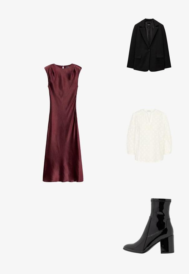 Czarna marynarka wykonana z gładkiego materiału, z pojedynczym zapięciem na guzik, wykrojonymi klapami i dwoma przednimi kieszeniami. Minimalistyczny design, dopasowany krój.; Kaffe - Bluzka; Bezramionowa burgundowa midi sukienka z bocznymi marszczeniami i małym guzikiem z tyłu przy dekolcie.; Czarne lakierowane botki za kostkę o gładkiej fakturze, z ostro zakończonym noskiem i wyraźnym blokowym obcasem. Charakteryzują się brakiem zamka oraz kontrastowym przeszyciem.; Bordowa torebka skórzana o zaokrąglonym kształcie, z jednym paskiem na ramię i przeszyciami w centrum. Gładka faktura, minimalna ilość elementów metalowych.