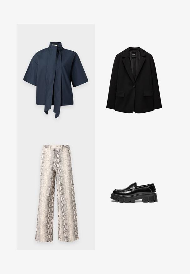 Svart blazer i slätt tyg med enknappsstängning, spetsig krage och två framfickor. Minimalistisk design, skräddarsydd passform.; Marinblus med kort ärm, hög krage och lång slipsdetalj fram, tillverkad av mjukt och lätt tyg.; Breda byxor i ettormönster, med en kräm- och grå färgskala, tillverkade av texturerad tyg med en hög midja.; Svarta läderloafers med tjock gummisula, dekorativ rem tvärs över ovandelen och kontrasterande vit söm. Slät textur med rundad tå.