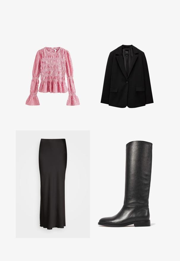 Svart blazer i slätt tyg med enknappsstängning, spetsig krage och två framfickor. Minimalistisk design, skräddarsydd passform.; Next Blus - pink; Svart ribbad linne med rund halsringning och broderad logotyp i vitt. Tyg med en mjuk textur och en åtsittande passform.; Svart, golvlång satinkjol med en slät textur, figurnära midja och A-linjeformad silhuett, utan synliga dekorationer eller mönster.; Knähöga svarta läderstövel med texturerad yta, rund tå, slät skaft och en låg staplad klack. Minimalistisk design, ingen synlig hårdvara.
