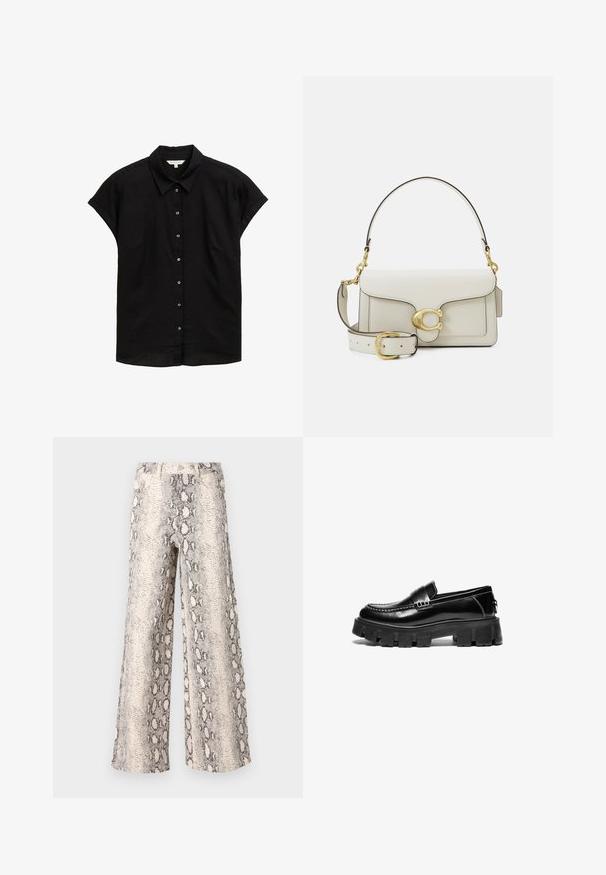 Schwarzer Blazer aus glattem Stoff mit einem Knopfverschluss, abgesetztem Revers und zwei vorderen Taschen. Minimalistisches Design, taillierte Passform.; Schwarzes kurzärmliges Hemd mit Kragen, Knopfleiste und einem weichen, strukturierten Stoff. Verfügt über eine lockere Passform und dezente Nähte.; Hosen mit weitem Bein im Schlangenprint-Muster, in einer Farbkombination aus Creme und Grau, aus strukturiertem Stoff mit einem hoch taillierten Design.; Schwarze Lederloafer mit dicker Gummisohle, dekorativem Riemen über dem Obermaterial und kontrastierenden weißen Nähten. Glatte Textur mit abgerundeter Zehenpartie.; Weiße Lederhandtasche mit goldfarbenen Beschlägen, ausgestattet mit einer Klappenverschluss und einem abnehmbaren, verstellbaren Riemen. Runde Metallakzente in der Mitte.; Singularu DROP - Ohrringe - gold-coloured
