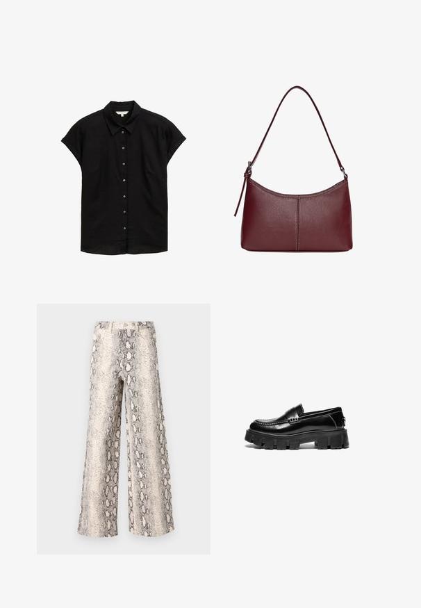Schwarzer Blazer aus glattem Stoff mit einem Knopfverschluss, abgesetztem Revers und zwei vorderen Taschen. Minimalistisches Design, taillierte Passform.; Schwarzes kurzärmliges Hemd mit Kragen, Knopfleiste und einem weichen, strukturierten Stoff. Verfügt über eine lockere Passform und dezente Nähte.; Hosen mit weitem Bein im Schlangenprint-Muster, in einer Farbkombination aus Creme und Grau, aus strukturiertem Stoff mit einem hoch taillierten Design.; Schwarze Lederloafer mit dicker Gummisohle, dekorativem Riemen über dem Obermaterial und kontrastierenden weißen Nähten. Glatte Textur mit abgerundeter Zehenpartie.; Bordeauxfarbene Ledertasche mit geschwungener Form, einem einzigen Schulterriemen und gesteppten Details in der Mitte. Glatte Textur, minimales Zubehör.; Singularu DROP - Ohrringe - gold-coloured