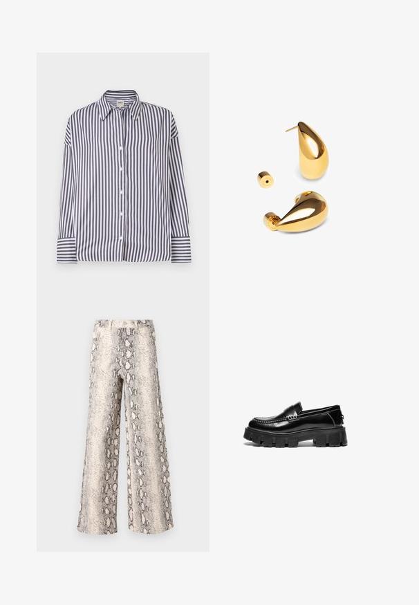 Čierny blejzer vyrobený z hladkej tkaniny s jedným gombíkom, klapkovými nohavicami a dvomi prednými vreckami. Minimalistický dizajn, strih na mieru.; Prúžkovaná košeľa na gombíky so zvislými čiernymi a bielymi pruhmi, golierom, dlhými rukávmi a gombíkovými manžetami. Hladký bavlnený materiál.; Široké nohavice so vzorom hada, s krémovo-sivou farebnou paletou, vyrobené z textúrovanej látky s vysokým pásom.; Čierne kožené loafers s robustnou gumovou podrážkou, dekoratívny popruh cez vrch a kontrastné biele prešívanie. Hladký povrch s okrúhlym špičkou.; Singularu DROP - Náušnice - gold-coloured