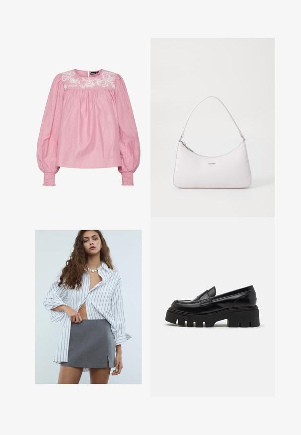 Schwarzer Blazer aus glattem Stoff mit einem Knopfverschluss, abgesetztem Revers und zwei vorderen Taschen. Minimalistisches Design, taillierte Passform.; Rosa gestreifte Bluse mit rundem Halsausschnitt, elastischen Bündchen und besticktem Blumendetail an der Passe. Hergestellt aus leichtem Stoff.; Junge Frau mit langen, lockigen Haaren, die ein weißes, gestreiftes Oversized-Hemd, einen grauen Minirock mit Schlitz vorne und eine sternförmige Halskette trägt.; Schwarze Lederloafer mit einer massiven, strukturierten Plateausohle und einem dekorativen Riemen über dem Obermaterial. Glatte, glänzende Oberfläche.; Rosa Leder-Schultertasche mit geschwungenem Design, Reißverschlussverschluss und silberfarbenen Hardware-Akzenten. Minimalistisches Logo auf der Vorderseite.