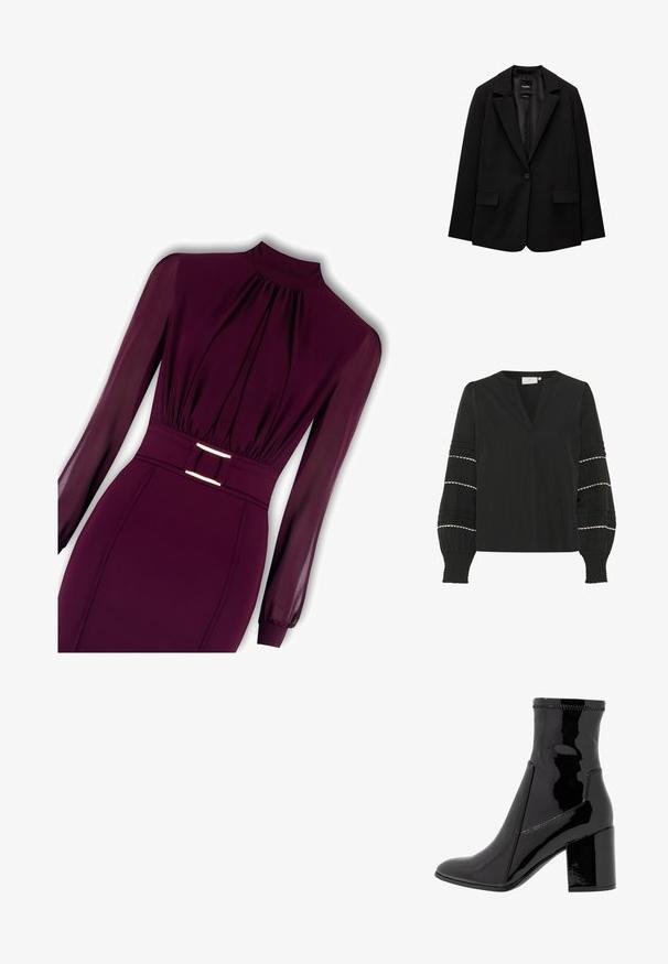 Blazer nero realizzato in tessuto morbido con chiusura a un bottone, revers a punta e due tasche frontali. Design minimalista, vestibilità sartoriale.; Blusa nera con scollo a V, maniche lunghe a sbuffo con bordo bianco a onde e pieghe verticali, realizzata in tessuto leggero.; Abito borgogna con maniche lunghe trasparenti, corpino plissettato e vita adatta definita da una cintura con fibbia metallica.; Stivale alla caviglia in patent nero con una texture liscia, punta appuntita e tacco a blocco strutturato. Presenta un design senza zip e cuciture a contrasto.; Borsa a tracolla in pelle bordeaux con forma curvata, una sola tracolla e dettagli cuciti al centro. Texture liscia, hardware minimale.
