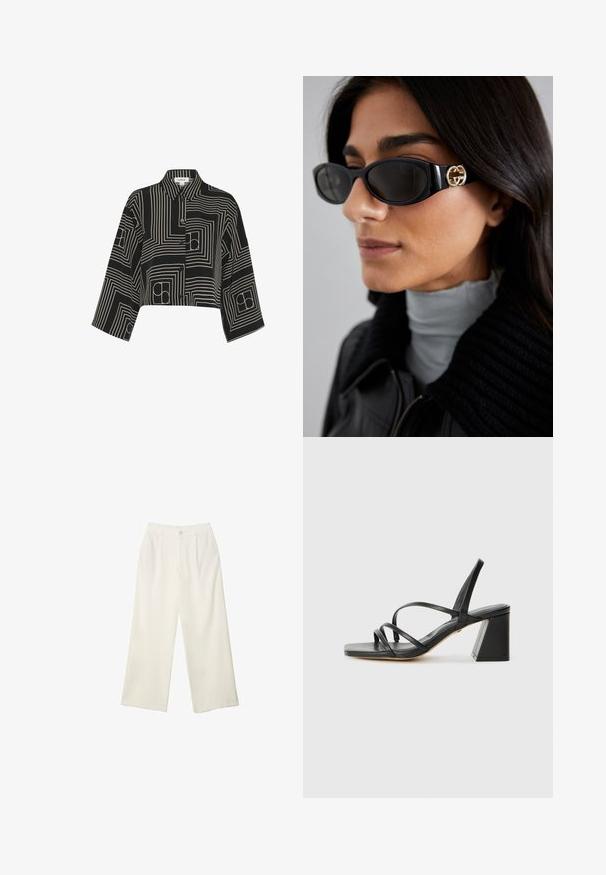 Črn blazer iz gladkega blaga z zapiranjem na en gumb, zarezanimi reverji in dvema sprednjima žepoma. Minimalističen dizajn, krojen pristen fit.; Črna krajevna majica z geometrijskim belim črtnim vzorcem, z gumbi spredaj, ovratnikom in rokavi dolžine tri četrtine.; Hlače širokih nogavic iz kremaste tkanine z gladko teksturo, z enim sprednjim gumbom, diskretnimi plisami in visokim pasom.; Črne visoke sandale s kvadratnim nosom, ki imajo več tankih trakov in geometrijsko blok peto. Gladka usnjena tekstura in minimalna zasnova.; Črne sončne očala z elegantnim pravokotnim okvirjem in zlatim logotipom na strani. Temna stekla in sijajna površina sta izrazita.; Bela usnjena torbica z zlatimi kovinskimi detajli, z zaponko na preklop in odstranljivim, nastavljivim trakom. V sredini okrogel kovinski okrasek.