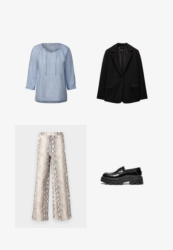 Schwarzer Blazer aus glattem Stoff mit einem Knopfverschluss, abgesetztem Revers und zwei vorderen Taschen. Minimalistisches Design, taillierte Passform.; Helle blaue Leinenbluse mit weißen vertikalen Streifen, V-Ausschnitt, drei Viertelärmeln und Kordelzugdetails am Ausschnitt. Glatte Textur.; Hosen mit weitem Bein im Schlangenprint-Muster, in einer Farbkombination aus Creme und Grau, aus strukturiertem Stoff mit einem hoch taillierten Design.; Schwarze Lederloafer mit dicker Gummisohle, dekorativem Riemen über dem Obermaterial und kontrastierenden weißen Nähten. Glatte Textur mit abgerundeter Zehenpartie.