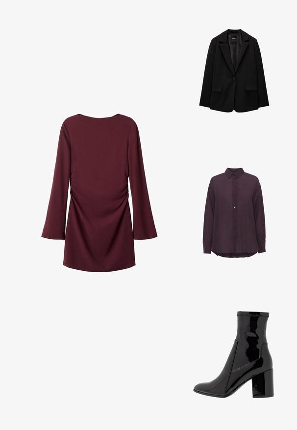 Črn blazer iz gladkega blaga z zapiranjem na en gumb, zarezanimi reverji in dvema sprednjima žepoma. Minimalističen dizajn, krojen pristen fit.; Dolga rukava, temno vijolična srajca z gumbi in koničastim ovratnikom, ki ima teksturirano tkanino in rahlo ukrivljen rob. Gumbi so v usklajeni barvi.; Oblačilo v temno rdeči barvi z dolgimi, širokimi rokavi in nabrano obdelavo ob straneh. Gladek material z okroglo ovratnico in rahlo prilegajoč dizajn.; Črne lakaste gležnjarje z gladko teksturo, koničastim nosom in strukturiranim blokastim peto. Imajo zasnovo brez zadrge in kontrastno šivanje.; Bordo usnjeni ročni torbici s ukrivljeno obliko, enim ramenskim trakom in šivanjem na sredini. Gladka tekstura, minimum kovinskih dodatkov.