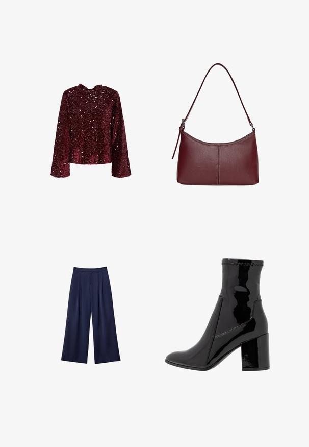 Czarna marynarka wykonana z gładkiego materiału, z pojedynczym zapięciem na guzik, wykrojonymi klapami i dwoma przednimi kieszeniami. Minimalistyczny design, dopasowany krój.; Burgundowa bluzka z cekinami, z długimi rękawami, okrągłym dekoltem i satynową kokardą z tyłu. Błyszcząca faktura z cekinami na całej powierzchni.; Granatowe spodnie typu wide-leg z plisami, zapinane w pasie na guziki, z szlufkami na pasek, pokazane na płasko na białym tle.; Czarne lakierowane botki za kostkę o gładkiej fakturze, z ostro zakończonym noskiem i wyraźnym blokowym obcasem. Charakteryzują się brakiem zamka oraz kontrastowym przeszyciem.; Bordowa torebka skórzana o zaokrąglonym kształcie, z jednym paskiem na ramię i przeszyciami w centrum. Gładka faktura, minimalna ilość elementów metalowych.