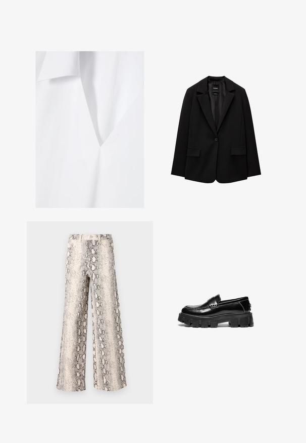 Fekete blézer sima szövetből, egy gombos záródással, bemetszett gallérral és két elülső zsebbel. Minimalista dizájn, testreszabott fazon.; Fehér anyag, amelynek lágy, sima textúrája van, mély V kivágással és ferde hajtókával. Minimalista dizájn, tiszta vonalakkal.; Széles lábú nadrág kígyómintás kivitelben, krémszínű és szürke színkombinációval, textúrált anyagból készült, magas derék kialakítással.; Fekete bőr loafer cipők masszív, gumis talppal, díszcsíkkal a felsőrészen és kontrasztos fehér varrással. Simább felület, lekerekített orral.