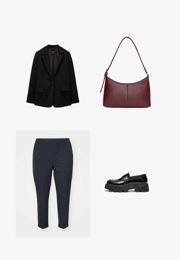 Črn blazer iz gladkega blaga z zapiranjem na en gumb, zarezanimi reverji in dvema sprednjima žepoma. Minimalističen dizajn, krojen pristen fit.; Bela rebrasta majica brez rokavov z okroglo izrezom, s pravo hem in gladko, elastično strukturo.; Temno sivi hlače s zožanim krojem, z gladko teksturo, z manšetami na robovih in stranskimi žepi. Klasičen, prilagojen videz.; Črne usnjene loafer sandale z masivnim gumijastim podplatom, okrasnim trakom čez zgornji del in kontrastnim belim šivanjem. Gladka tekstura z zaobljenim nosom.; Bordo usnjeni ročni torbici s ukrivljeno obliko, enim ramenskim trakom in šivanjem na sredini. Gladka tekstura, minimum kovinskih dodatkov.