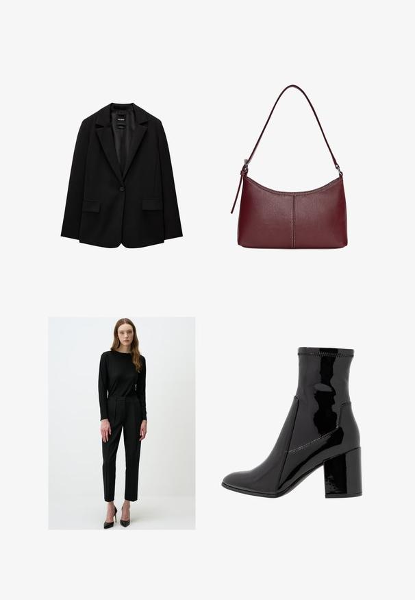 Czarna marynarka wykonana z gładkiego materiału, z pojedynczym zapięciem na guzik, wykrojonymi klapami i dwoma przednimi kieszeniami. Minimalistyczny design, dopasowany krój.; Czarna bluzka z długim rękawem i kołnierzem typu stójka, wykonana z prążkowanej tkaniny, charakteryzuje się dopasowanym krojem, wysokim dekoltem oraz brakiem wzorów i zdobień.; Czarna, prążkowana bluzka z długim rękawem zestawiona z czarnymi spodniami z wysokim stanem i prostymi nogawkami. Całość dopełniona ostrymi, czarnymi szpilkami.; Czarne lakierowane botki za kostkę o gładkiej fakturze, z ostro zakończonym noskiem i wyraźnym blokowym obcasem. Charakteryzują się brakiem zamka oraz kontrastowym przeszyciem.; Bordowa torebka skórzana o zaokrąglonym kształcie, z jednym paskiem na ramię i przeszyciami w centrum. Gładka faktura, minimalna ilość elementów metalowych.