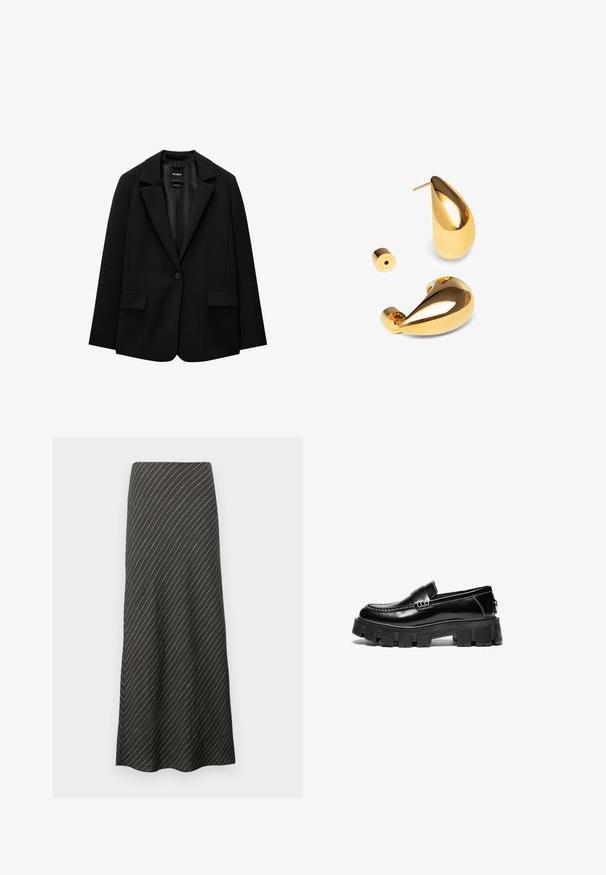 Sort blazer lavet af glat stof med enkelt knaplukning, klaplapper og to frontlommer. Minimalistisk design, skræddersyet pasform.; Sort langærmet T-shirt lavet af blød stof. Har en bred rund halsudskæring og en løs pasform med lige kant. Ingen synlige mønstre eller detaljer.; Sort midi-nederdel med diagonale hvide striber, lavet af et glat stof. Har en udvidet design og en A-formet silhuet.; Sorte læder loafers med kraftig gummisål, dekorativ strop over vristen og kontrasterende hvid syning. Glat tekstur med rund tå.; Singularu DROP - Øreringe - gold-coloured