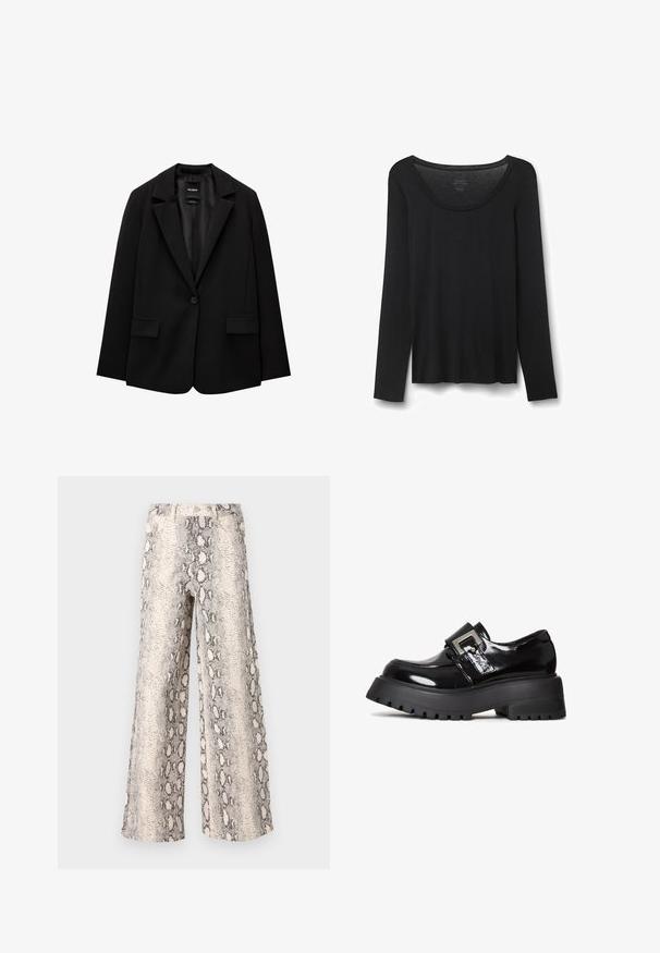 Zwarte blazer van gladde stof met een enkele knoopsluiting, notch-lapels en twee voorzakken. Minimalistisch ontwerp, getailleerde pasvorm.; Zwarte lang-sleeve T-shirt van zachte stof. Heeft een brede ronde halslijn en een losse pasvorm met rechte zoom. Geen zichtbare patronen of accenten.; Brede-pijpen broeken in een slangenprint, met een crème en grijs kleurenschema, gemaakt van textiel met een hoge taille.; Zwarte gepolijste leren plateau schoenen met een chunky zool, voorzien van een gespaccent en een slank ontwerp. Geprofileerde loopzool voor grip.