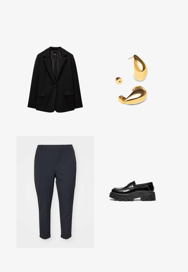 Blazer noir en tissu lisse avec une fermeture à bouton unique, des revers crantés et deux poches avant. Design minimaliste, coupe ajustée.; T-shirt noir à manches longues en tissu doux. Présente un col rond large et une coupe ample avec un ourlet droit. Pas de motifs ni d'accents visibles.; Pantalons gris foncé avec une coupe effilée, présentant une texture lisse, des ourlets retournés et des poches latérales. Apparence classique et ajustée.; Mocassins en cuir noir avec semelle en caoutchouc épaisse, sangle décorative sur le dessus et surpiqûres blanches contrastantes. Texture lisse avec un bout arrondi.; Singularu DROP - Boucles d'oreilles - gold-coloured