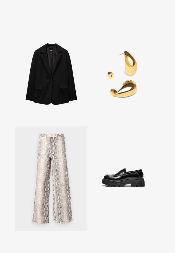 Schwarzer Blazer aus glattem Stoff mit einem Knopfverschluss, abgesetztem Revers und zwei vorderen Taschen. Minimalistisches Design, taillierte Passform.; Schwarzes Langarm-T-Shirt aus weichem Stoff. Hat einen weiten runden Halsausschnitt und einen lockeren Schnitt mit geradem Saum. Keine sichtbaren Muster oder Akzente.; Hosen mit weitem Bein im Schlangenprint-Muster, in einer Farbkombination aus Creme und Grau, aus strukturiertem Stoff mit einem hoch taillierten Design.; Schwarze Lederloafer mit dicker Gummisohle, dekorativem Riemen über dem Obermaterial und kontrastierenden weißen Nähten. Glatte Textur mit abgerundeter Zehenpartie.; Singularu DROP - Ohrringe - gold-coloured