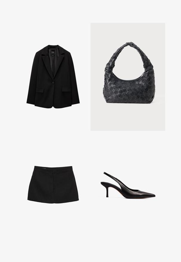 Sort blazer lavet af glat stof med enkelt knaplukning, klaplapper og to frontlommer. Minimalistisk design, skræddersyet pasform.; Sort off-the-shoulder langærmet bluse lavet af blødt stof, med en afslappet pasform og glat tekstur. Ingen synlige mønstre eller accenter.; Sort miniskørt med en struktureret talje, glat tekstur og lige silhuet. Har ingen synlige lommer eller udsmykninger.; NA-KD Pumps - black; Sort læder vævet skuldertaske med et afrundet håndtag og en halvmåneformet krop på en ensfarvet baggrund.